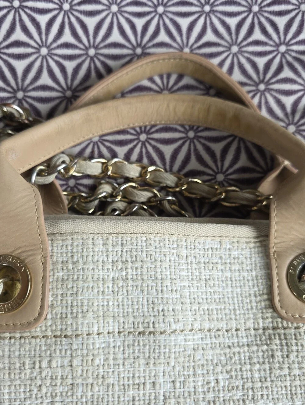 CHANEL Medium Deauville Tote Beige Raffia Glitter Gold Hardware